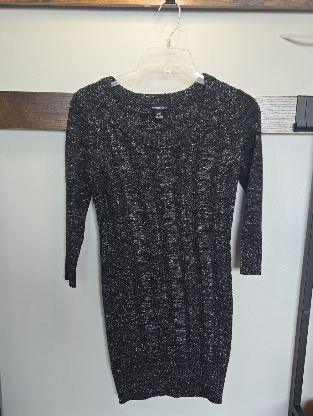 Black Metallic Ribbed Knit Long Sleeve Dress - Slim Fit